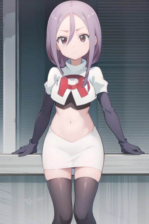 solo, 1girl, looking at viewer, 2D, anime, anime coloring, team rocket,team rocket uniform,white skirt,red letter R,crop top,black thigh-highs,black elbow gloves, urushi yaotome, , looking at viewer