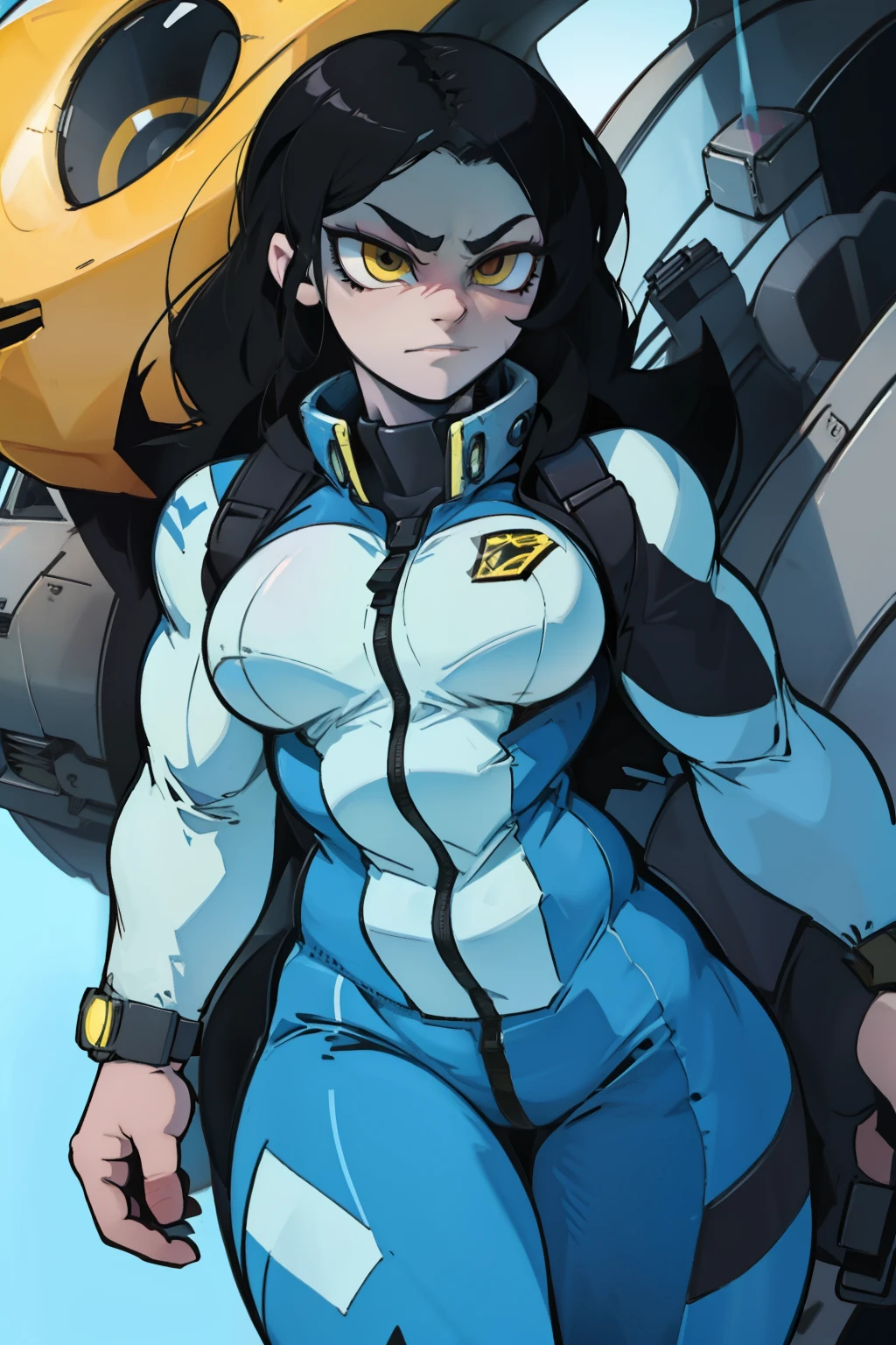 ((((muscular 1girl)))) ((((thick toned body breasts)))) black hair yellow eyes very long hair expressionless expressionless pilot suit