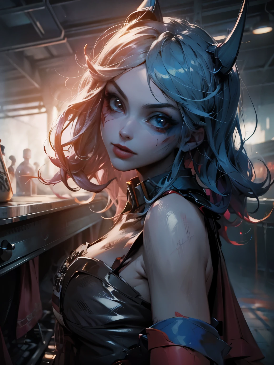Hermosa y sensual dark magician gils vestida como Harley Quinn. pelo rojo y azul. Labios rojos. Ojos azules. Pose sensual y amenazadora. love explanation background.