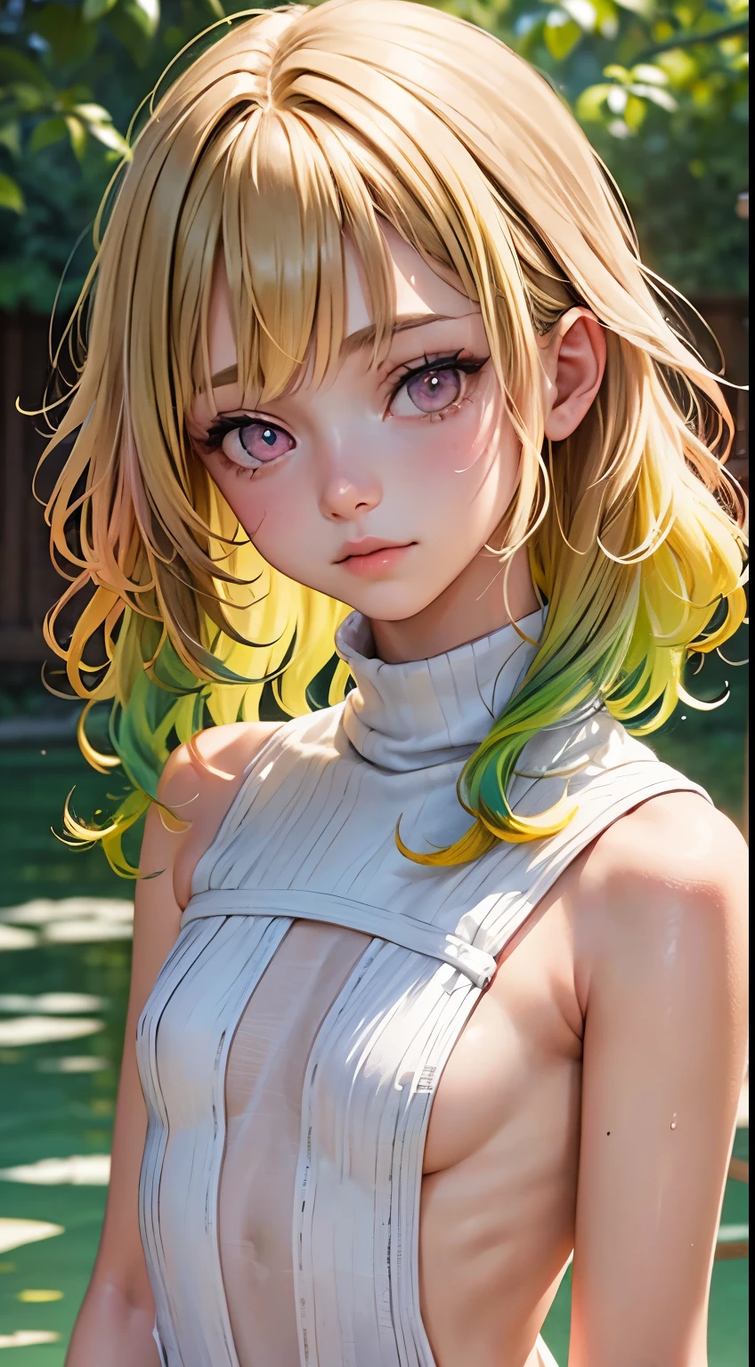 One woman, alone, alone Focus, Cowboy Shot, Portraiture,, Beaver,Half water color, Half Green, ((Brown Hair)), (Yellow Hair), (Gradient Hair :1.5), Curly Hair, ((Pink Eyes)), Ultra-detailed eyes, work, White knit, (Small TI quality, Very detailed,