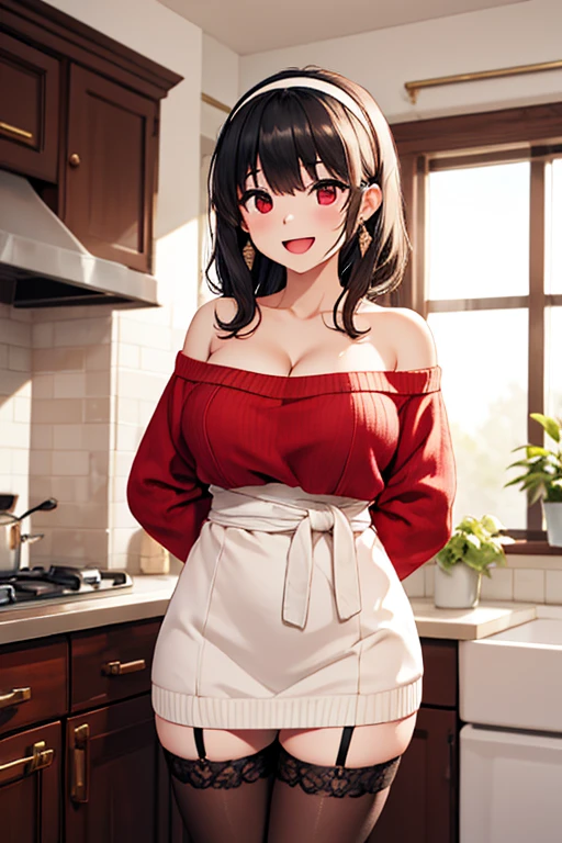 Adult Woman, masterpiece, 1girl, Amazing Cleavage:1.3, thin waist, big ass, Raised sexy, medium breast:1.3,posed cleavage:1.2,solo, open mouth, have a cup of coffee,black hair, red eyes, dress, bare shoulders, jewelry, collarbone, sidelocks, hairband, earrings, indoors, off shoulder, arms behind back, plant, short hair with long locks, black hairband, sweater dress, off-shoulder sweater, red sweater, big side hair, very long side hair,is rendered in (masterpiece: 1.2, best quality), with (ultra high resolution) and an exquisite (depth of field). This masterpiece is not only visually stunning but also tells, make of cooking some cakes ,in the kitchen,Long dark blonde wavy hair、her thin pubic hair, Puffy nipple、(short flared skirt)、garter stocking、Earring、Medium milk, cute smile face、(Pose to lean forward and emphasize the chest)、sexy hips、high-heels、atlibrary、((Close your arms to your chest and look up)),(with sparkling eyes and a contagious smile), looking at viewer, 