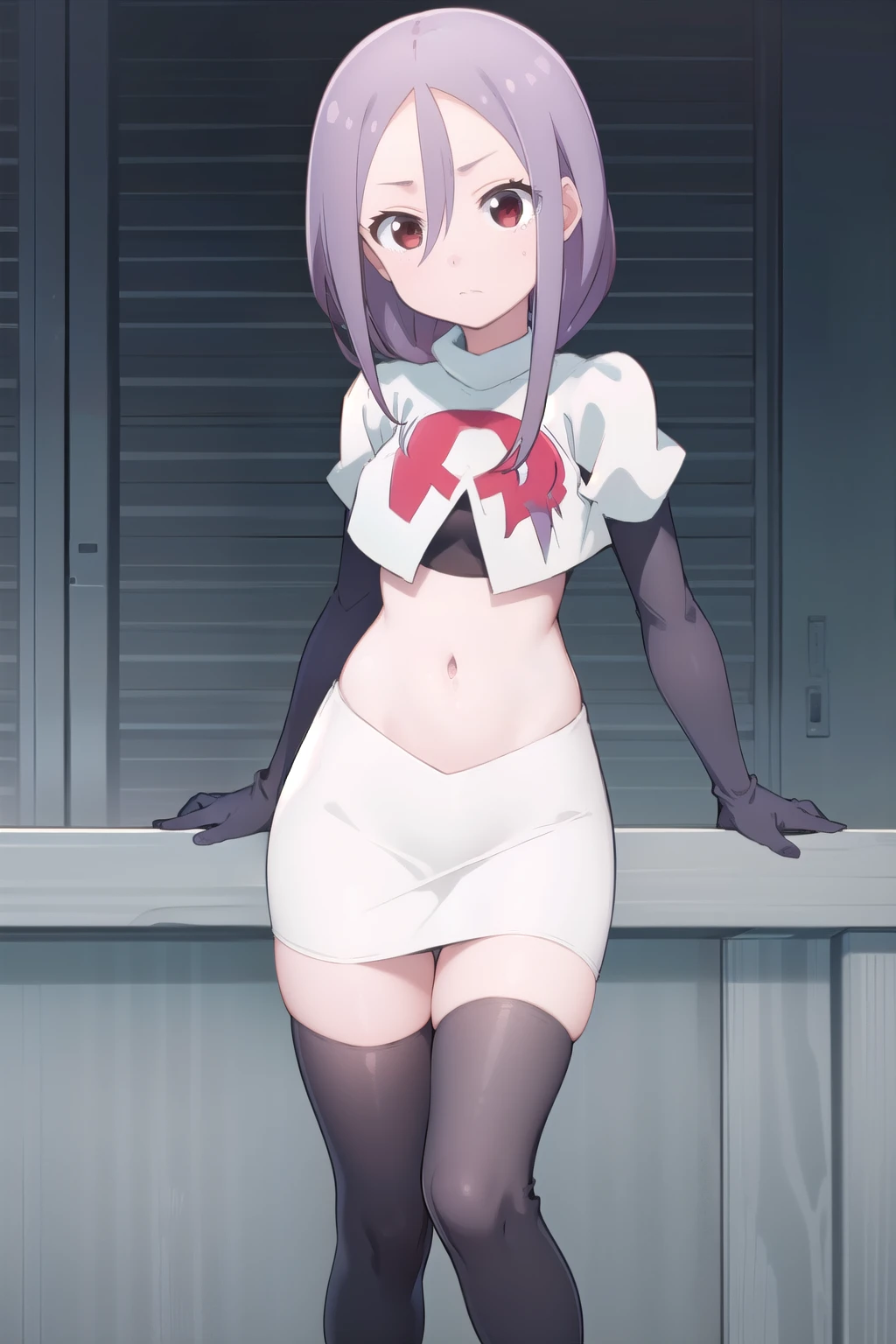 solo, 1girl, looking at viewer, 2D, anime, anime coloring, team rocket,team rocket uniform,white skirt,red letter R,crop top,black thigh-highs,black elbow gloves, urushi yaotome, , looking at viewer