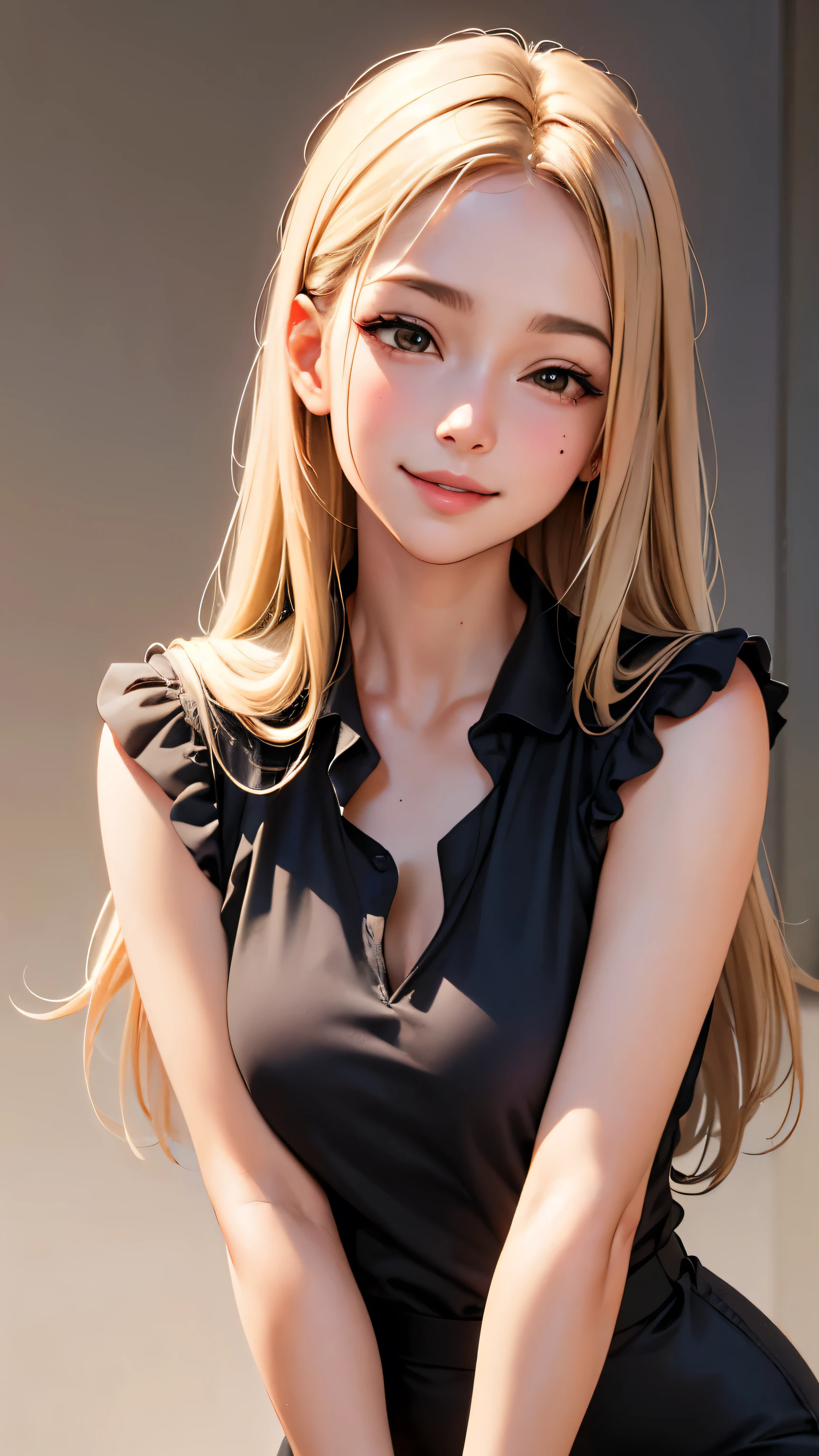 masterpiece, highest quality,Face-to-face audience, Upper body,Middle-aged women,Greek Goddess Attitude, Melon seed face, ((Long, narrow eyes)), Mole under the eye,Brown eyeball, Thin lips, blonde, Very long hair, Laugh with your mouth closed,40 year old mature woman, self-portrait, Simple Background,Thin legs,Close your eyes and smile,The happi coat is open
