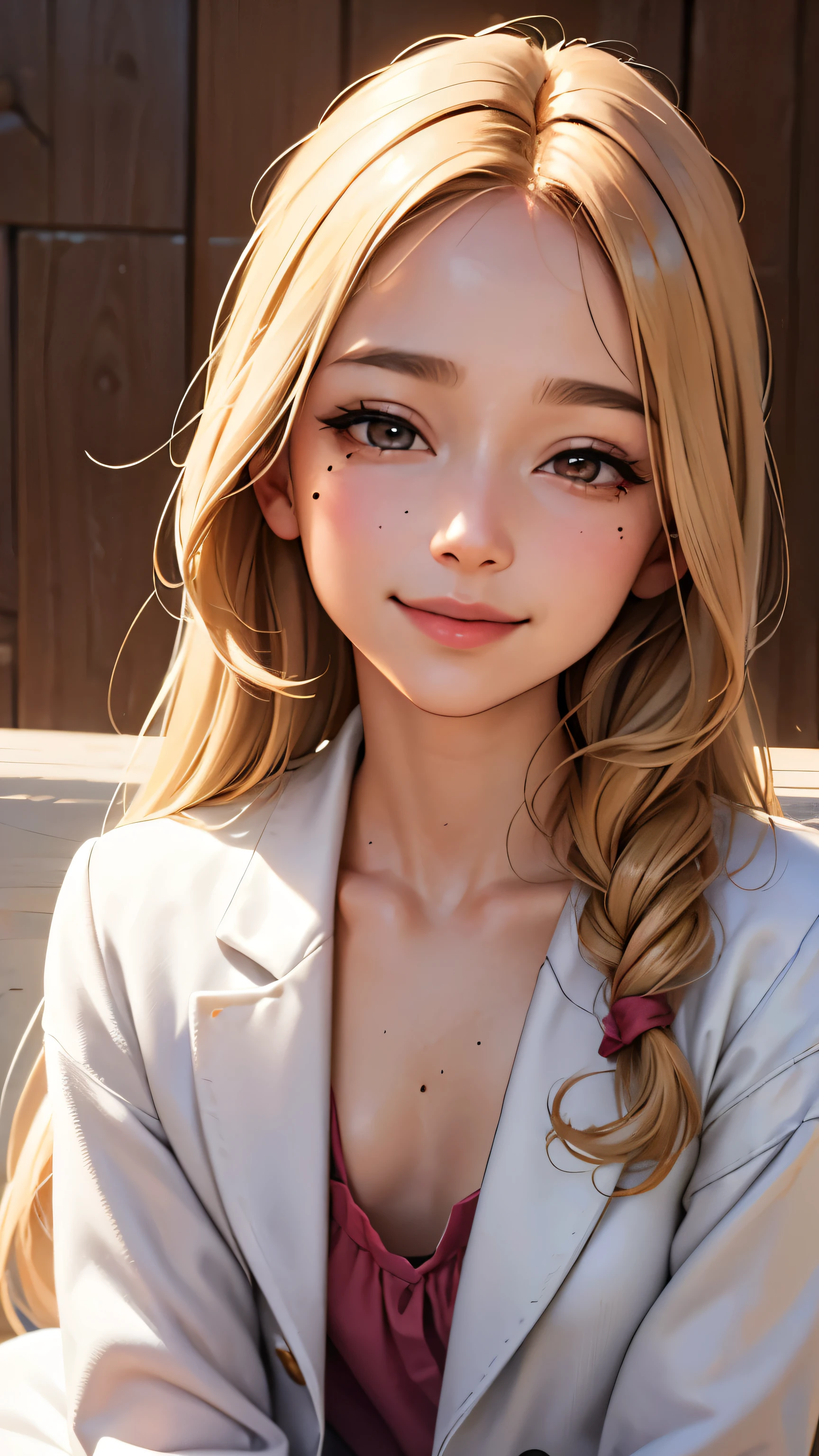 masterpiece, highest quality,Face-to-face audience, Upper body,Middle-aged women,Greek Goddess Attitude, Melon seed face, ((Long, narrow eyes)), Mole under the eye,Brown eyeball, Thin lips, blonde, Very long hair, Laugh with your mouth closed,40 year old mature woman, self-portrait, Simple Background,Thin legs,Close your eyes and smile,The happi coat is open