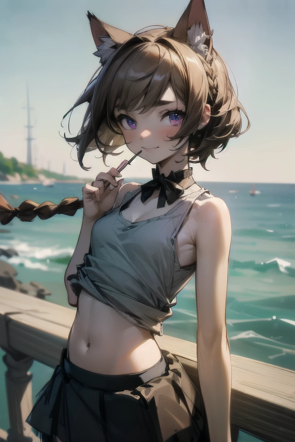 ((Masterpiece)), ((best quality)), (Rough sketch:1.4), (super detail), (High Definition:1.3), (Professional Photography:1.3), ((12 years old)), 1girl, cinematic lighting, Textured skin, (cat ears), pale brown hair, messy medium hair, Cute Beautiful teenage girl, BREAK, ((best quality)), (ccurate), (Hemp fabric tank top:1.3), cleavage, exposed neck, no bra, (exposed neck), slendar body, small breast, (short braided hair), (Wearing tutu skirt), (hyper deformed face:1.3), naughty smile, blush, (Purple Unfocused eyes), beautiful collarbones, (slightly exposed cute navel), BREAK, ((best quality)), Lollipop candy in hand, (on the Beautiful coastline),