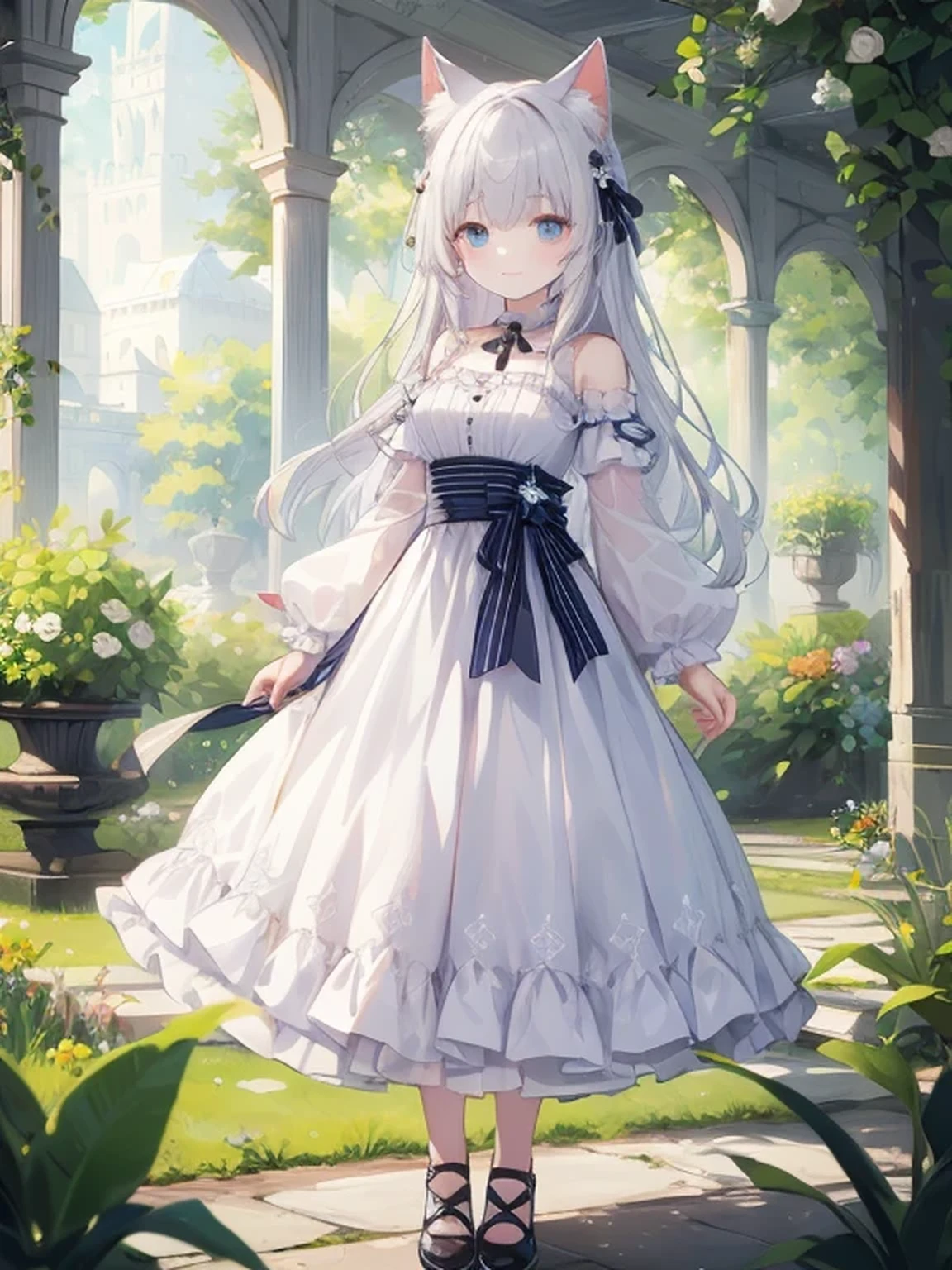 (masterpiece、Top quality、Implications、Very high quality、High level of image quality、Extremely sensitive writing)Standing in the beautiful garden,Girl with long silver hair、A faint smile、Animal ears,Stand up,,She has a big bouquet、Beautiful skirt,Ruffles at shoulders、Slim skirt,pattern,Translucent front photo,shoe, Close-up of princess shoes,law, Long skirt