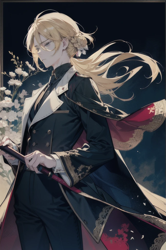 Game character standing drawing design, Generate a sequence of image frames depicting a young man with a fit physique and long blonde hair running towards the right. His recurring attire is inspired by Castlevania: Symphony of the Night and features clothing reminiscent of the 18th-century style, in line with the game's setting. He wears a black jacket with vertical side seams held together by four square brooches, accompanied by a belt. Around his neck, there is a large white cravat. Layered over the jacket is a long overcoat adorned with a decorative pattern:: In addition to his clothing, he sports a cape resembling that of Bela Lugosi. His weapon of choice is the Sword, a cherished family heirloom passed down from his mother:: Create the image frames in a Bishōnen artistic style.