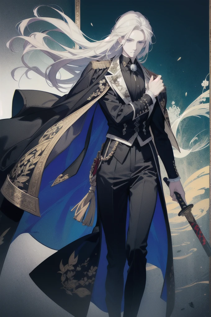 Game character standing drawing design, Generate a sequence of image frames depicting a young man with a fit physique and long blonde hair running towards the right. His recurring attire is inspired by Castlevania: Symphony of the Night and features clothing reminiscent of the 18th-century style, in line with the game's setting. He wears a black jacket with vertical side seams held together by four square brooches, accompanied by a belt. Around his neck, there is a large white cravat. Layered over the jacket is a long overcoat adorned with a decorative pattern:: In addition to his clothing, he sports a cape resembling that of Bela Lugosi. His weapon of choice is the Sword, a cherished family heirloom passed down from his mother:: Create the image frames in a Bishōnen artistic style.
