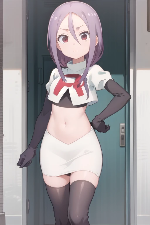 solo, 1girl, looking at viewer, 2D, anime, anime coloring, team rocket,team rocket uniform,white skirt,red letter R,crop top,black thigh-highs,black elbow gloves, urushi yaotome, , looking at viewer