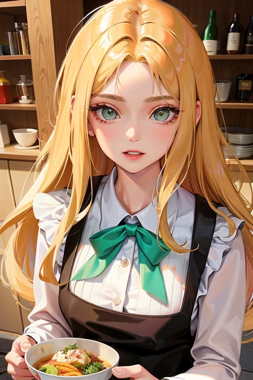 A female milf with long distinctive blonde hair, green eyes, corpo volumoso com seios e busto enormes, b, sysie high definition details, fotografia, perspicacity, unique 850 4, Koda850 k portrait camera, Primavera F1.6, cores ricas, Textura super realista, textura de luz espetacular, arte surreal, Cinestil 800 mecanismo de moda. Cooking food, with apron on