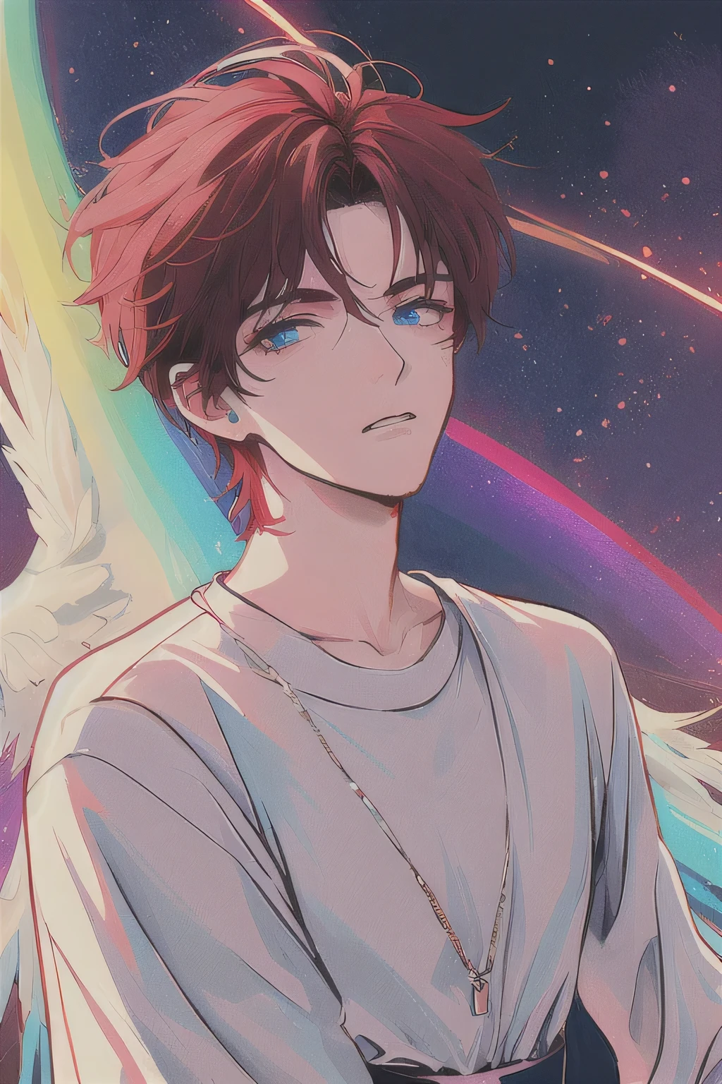male demon, Devil's Horn, upper body, dark red hair, light blue eyes, sad expression,hard rainbow light reflection in eyes, angel outfits , night background, adult, narrow-eyed