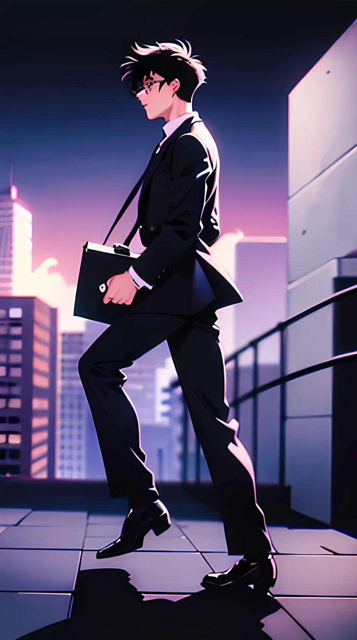 A 19 years old guy with round glasses, short hair, messy hair, hair between eyes, black hair, walking, looking ahead, side view, perfil view, grey suit, briefcase in left hand, masterpiece, 1990s style