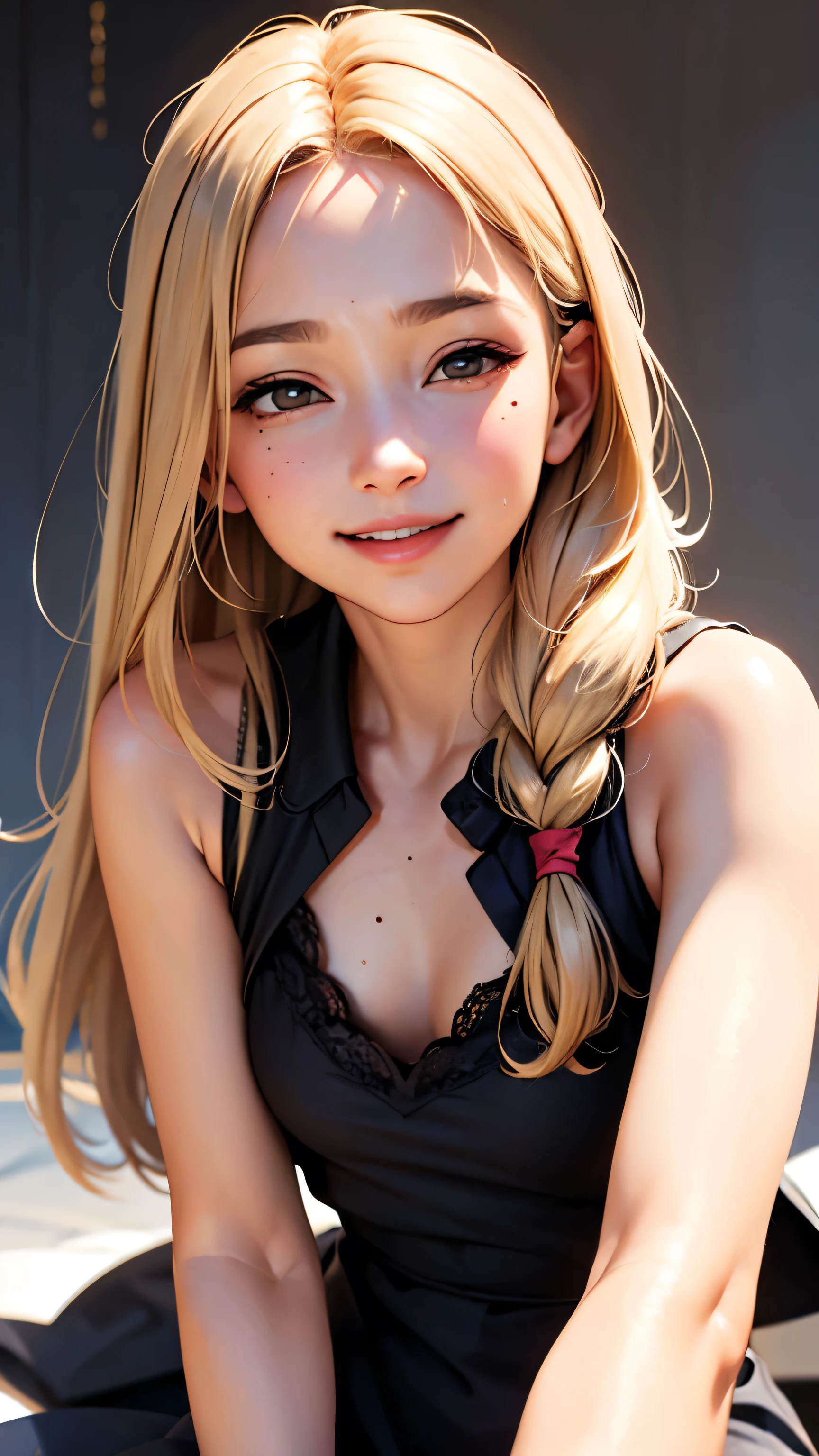 masterpiece, highest quality,Face-to-face audience, Upper body,Middle-aged women,Greek Goddess Attitude, Melon seed face, ((Long, narrow eyes)), Mole under the eye,Brown eyeball, Thin lips, blonde, Very long hair, Laugh with your mouth closed,40 year old mature woman, self-portrait, Simple Background,Thin legs,Close your eyes and smile,The happi coat is open