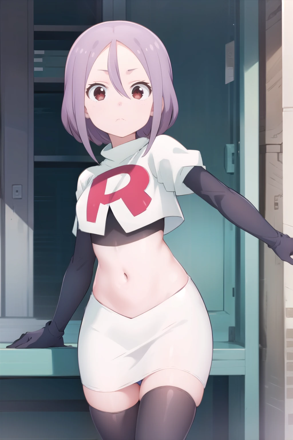 solo, 1girl, looking at viewer, 2D, anime, anime coloring, team rocket,team rocket uniform,white skirt,red letter R,crop top,black thigh-highs,black elbow gloves, urushi yaotome, , looking at viewer