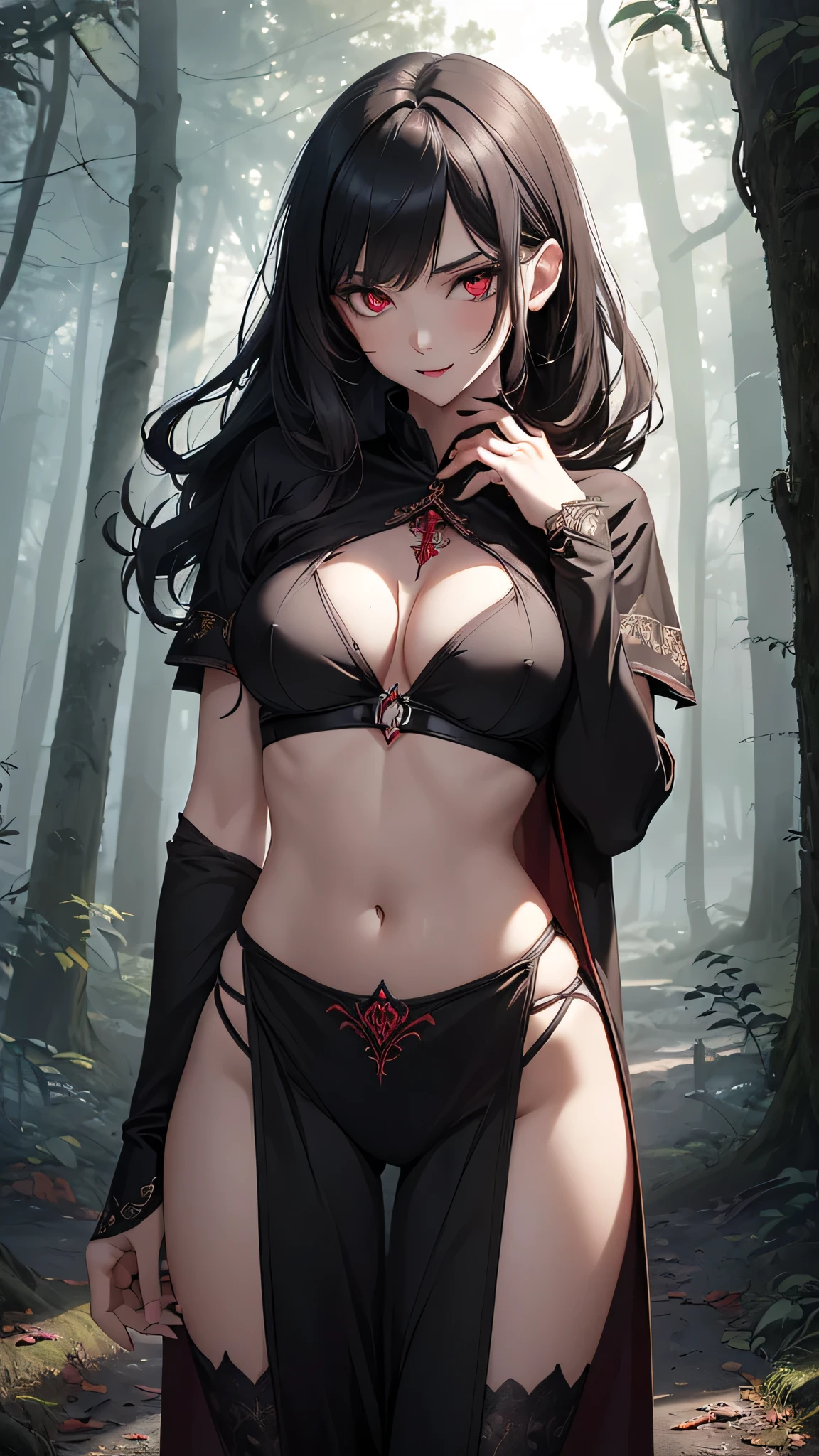 (woman): "(sexy young vampire woman standing in a forest(( creepy and scary vampire pose, big vampire fangs)), dirty blood on clothes, firm breasts, glowing red eyes, crop top torn and torn into pieces, can be seen through the torn black tunic that covers 30% of the body, very thin and light black tunic, breasts can be seen, long hair, black hair, navel, medium and firm breasts, 1 vampire girl looking (), bangs, bright pupils, blood around the mouth, inviting gesture, hungry expression,
(symmetric face), (detailed outfit), (placing hand on chest), hair curly, pale skin, sacred symbol
(background): outdoors, forest, trees, nature, (((fog)))), (dangerous environment)
(effects): (masterpiece), (best quality), (sharp focus), (depth of field), (high resolution), ((all intricate and realistic details))