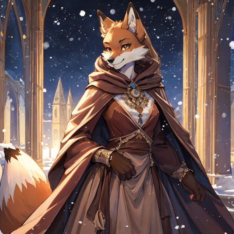 ((best quality)), ((masterpiece)), (detailed), perfect face,, fox woman, brown eyes, perfect eyes, pretty, at , big dress, fox, elegant, smiling, cloak, skinny body, winter dress, queen
