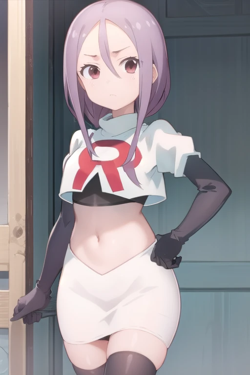 solo, 1girl, looking at viewer, 2D, anime, anime coloring, team rocket,team rocket uniform,white skirt,red letter R,crop top,black thigh-highs,black elbow gloves, urushi yaotome, , looking at viewer