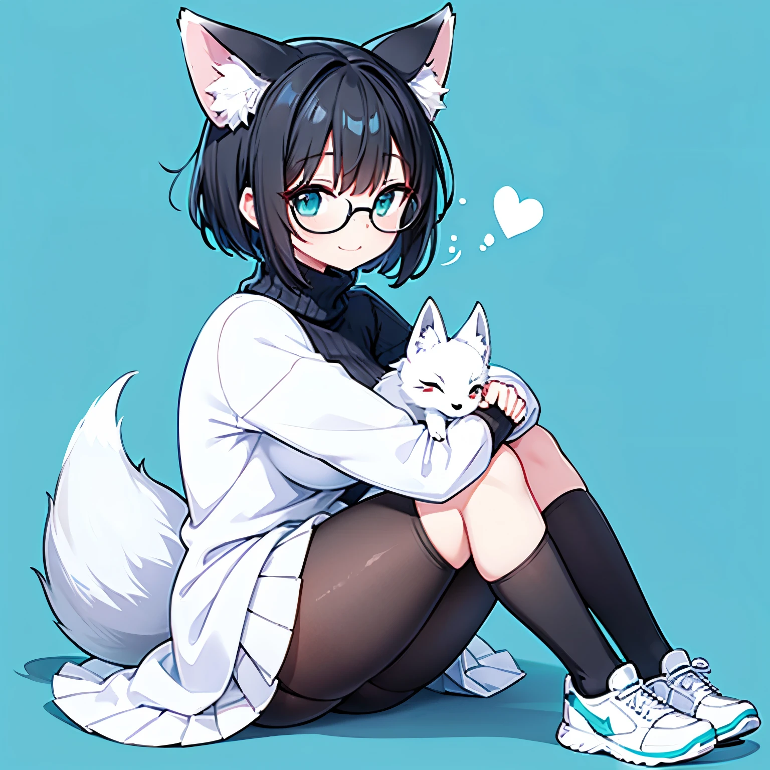 One Short woman, medium-sized breasts, short black hair that covers right eye, oversized striped turtleneck sweater, cute, shy, wearing glasses, athletic thighs, black stockings and white shoes, white and cyan sweater, short white skirt, full body view, shyly smiling, hugging a small white fox to her chest, the fox is happy, she has one hand petting the fox’s head.