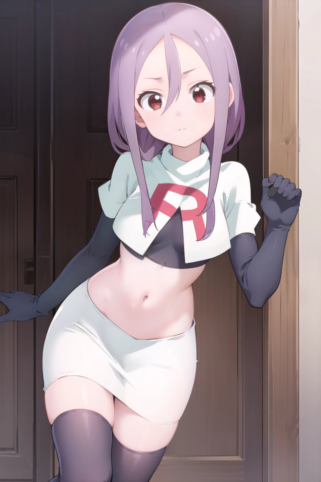 solo, 1girl, looking at viewer, 2D, anime, anime coloring, team rocket,team rocket uniform,white skirt,red letter R,crop top,black thigh-highs,black elbow gloves, urushi yaotome, , looking at viewer