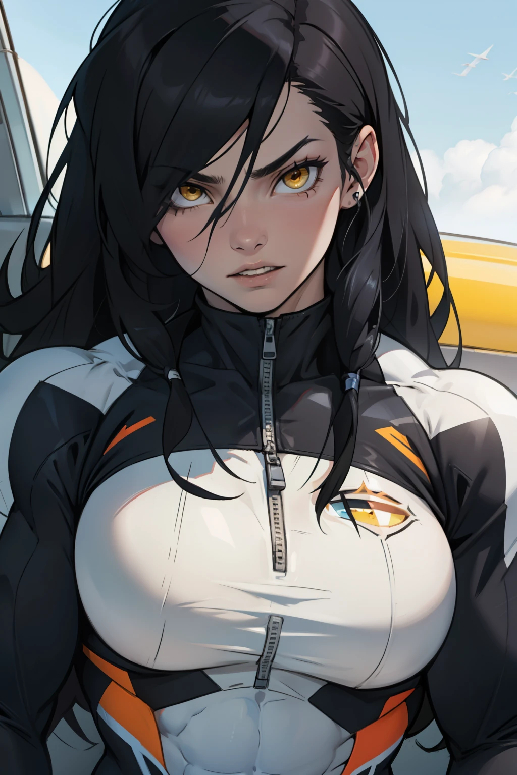 1 girl, black hair, yellow eyes, very long hair, pale skin, ((((extremely muscular)))), large breasts, (confident expression), pilot suit, close up