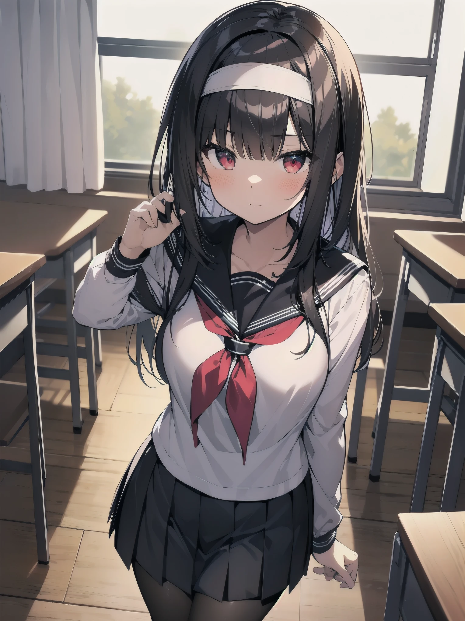 an anime girl standing in an empty room with a phone to her ear, 1girl, solo, , pantyhose, skirt, indoors, hairband, long hair, kasumigaoka utaha, looking at viewer, black hair, red eyes, breasts, blush, pleated skirt, black pantyhose, classroom, white hairband, long sleeves, bangs, neckerchief, closed mouth, desk, sailor collar, serafuku