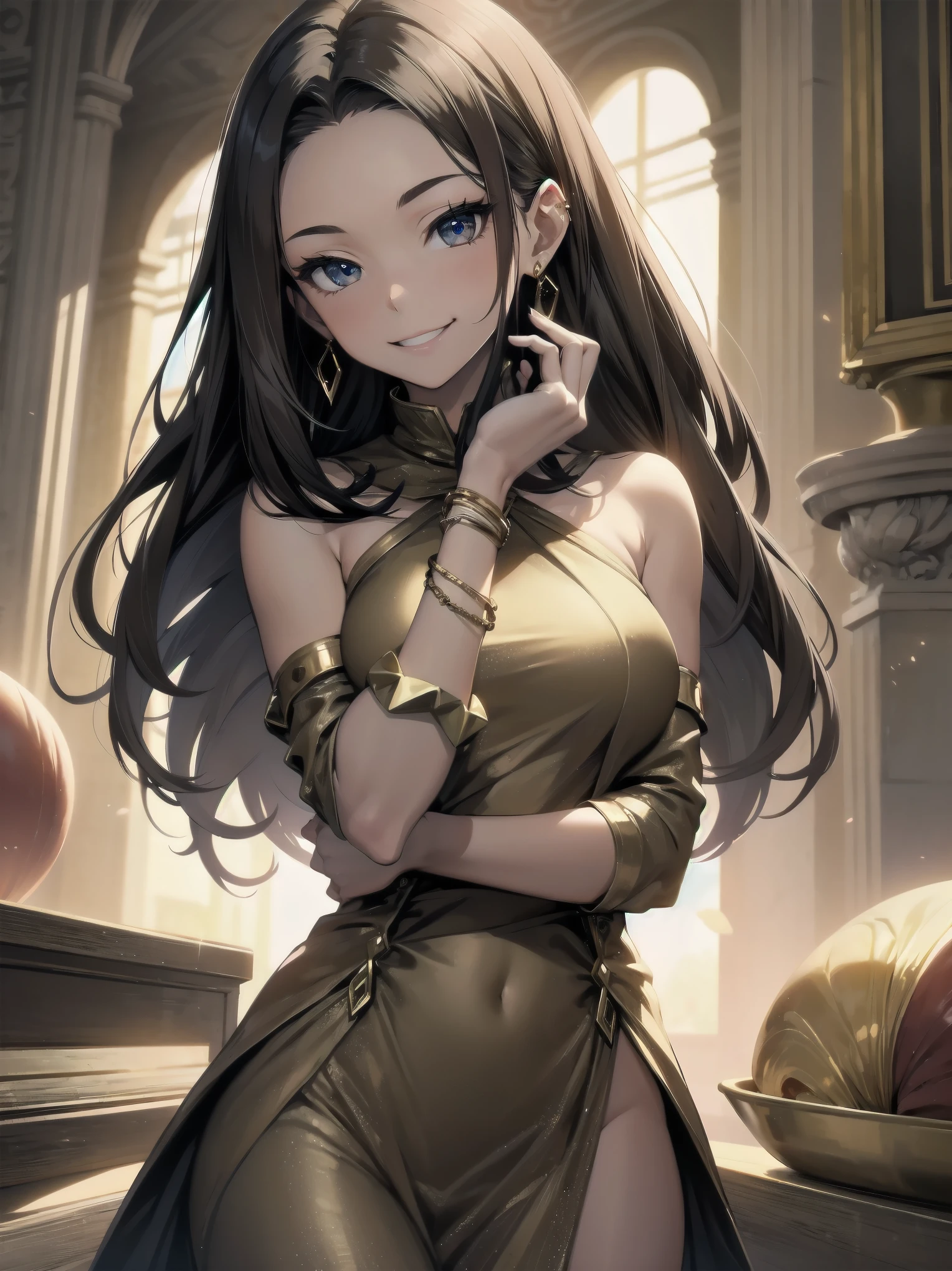 1girl, , smile, looking at viewer, solo, gold dress, jewelry, bracelet, earring, detached sleeves, forehead, long hair, palace