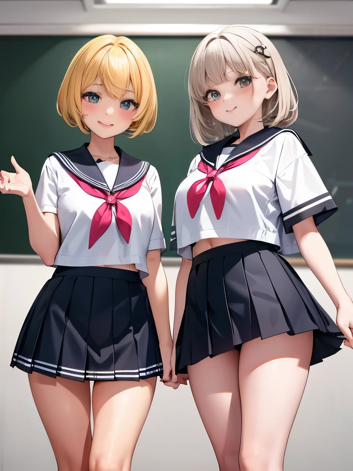 (mini skirt),(Browsing Caution),(2 girls),(Sailor suit), Black Hair, blonde,blush,grab,Long Hair, Manicure,Pink Nails,short hair, smile, classroom