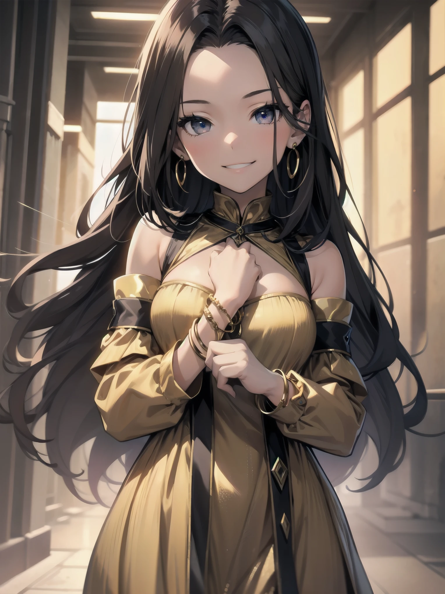 1girl, , smile, looking at viewer, solo, gold dress, jewelry, bracelet, earring, detached sleeves, forehead, long hair, palace