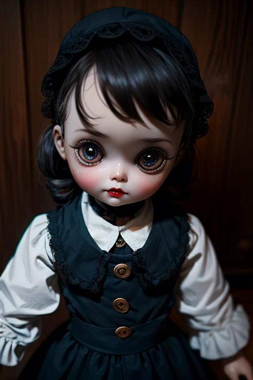Creepy doll, horror, old doll, black eyes, made of porcelain, 50s fashion clothes