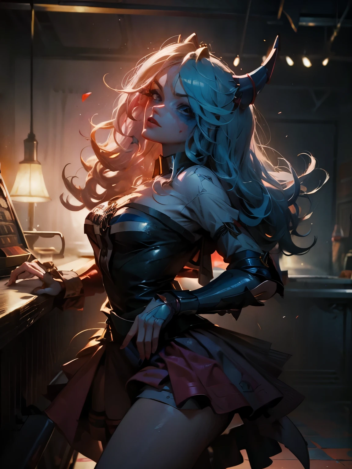 Hermosa y sensual dark magician gils vestida como Harley Quinn. pelo rojo y azul. Labios rojos. Ojos azules. Pose sensual y amenazadora. love explanation background.