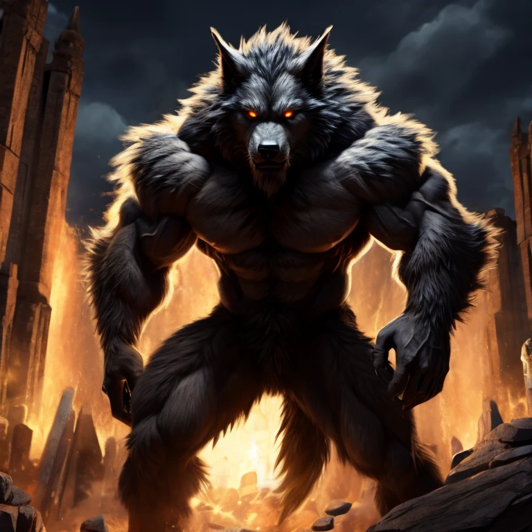 Make the black-furred muscular werewolf monster