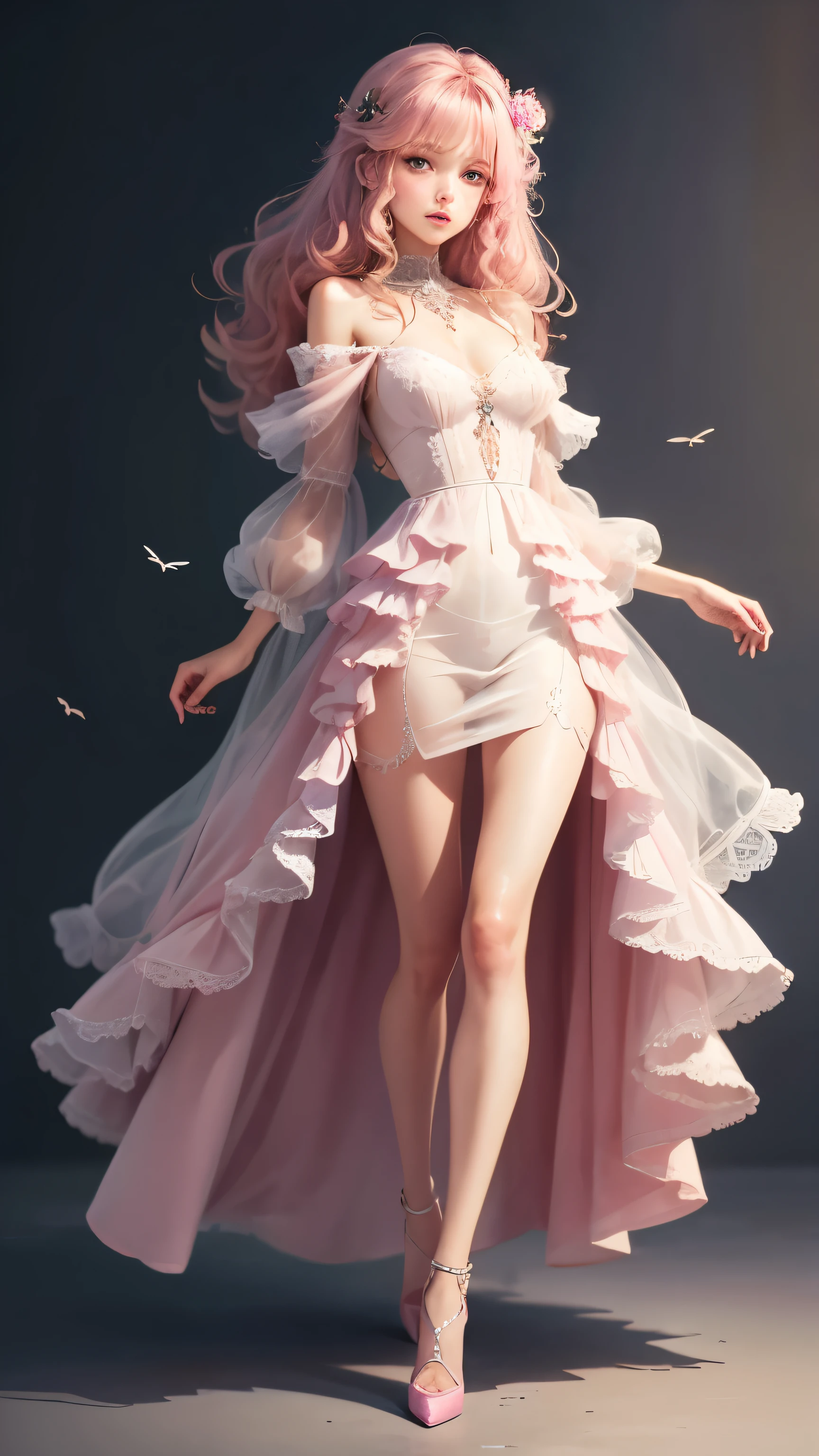 (Pieces fly),(highest quality:1.1),(Very detailed),Best illustrations,The finer details,(Portraits:1.1),(Watercolor)fluffy,1 female,alone,,slim,(Very delicate and beautiful face),(Beautiful eyes in every detail),Pink thick lips,(Messy Hair),Soft and lazy,(Simple Background:1.2)Overall background color,Transparent parts,In 4K,Full Shot,Thin legs,Pink High Heels,See-through gown,The happi coat is open