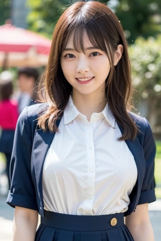 ((highest quality)), ((masterpiece)), (detailed), Perfect Face, smile, amusement park,, Huge breasts spilling out of her shirt, Accentuate larger breasts, Japan teenager, タイトな白いボタンダウンのBusiness shirts, Remove all buttons, Unbutton all the buttons on your shirt and open your chest wide, Deep cleavage、Wavy long hair, Navy blue tight skirt, Exposing large, protruding breasts, Pointed upper part of chest, Angle from the side,Business shirts, Upturned chest, Distinguish the shape of the left and right breasts clearly, The underboob is clearly visible, Look at me and smile,
