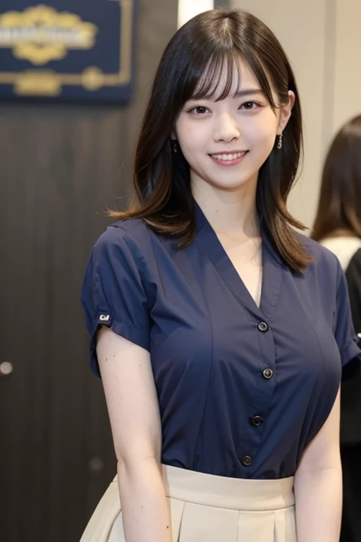 ((highest quality)), ((masterpiece)), (detailed), Perfect Face, smile, amusement park,, Huge breasts spilling out of her shirt, Accentuate larger breasts, Japan teenager, タイトな白いボタンダウンのBusiness shirts, Remove all buttons, Unbutton all the buttons on your shirt and open your chest wide, Deep cleavage、Wavy long hair, Navy blue tight skirt, Exposing large, protruding breasts, Pointed upper part of chest, Angle from the side,Business shirts, Upturned chest, Distinguish the shape of the left and right breasts clearly, The underboob is clearly visible, Look at me and smile, Baby Face