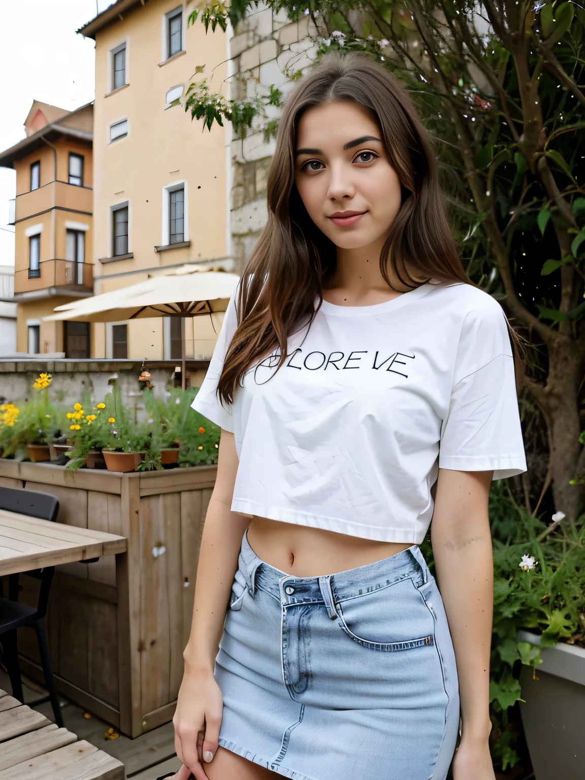 Photo of a 21 year old brunette woman Alessia Bianchi, who has a very natural face, thin lips, thin eyes, thin eyebrows, thin nose,long eyelashes,Alessia Bianchi in white Gut and tight denim skirt posing for photo, hole body, kurzes T-Shirt, Gut,Die stilvolle Terrasse im Hintergrund,eine Frau、sweet smile,Pose with emphasis on the hips