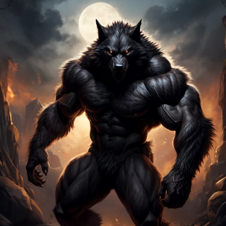 Make super muscular black fur werewolf monster with attractive pose