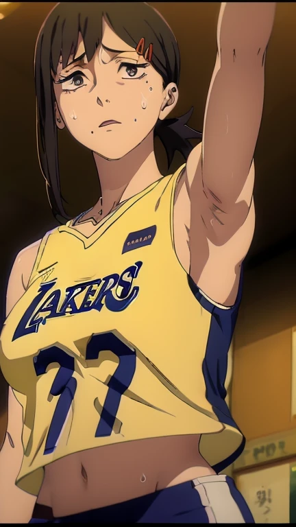 a close up of a person wearing a basketball uniform, a picture, inspired by Kentaro Miura, trending on pixiv, wearing yellow nba jersey, yellow croptop nba jersey, wearing a low cut croptop, wearing croptop, croptop, the word "Lakers" on the croptop, golden raito, (winking), shirobako, large)}], favorite scene, fine details. anime. skins, sweating, big breasts, both hands raised, armpits, armpits visible, dripping with sweat, more more sweat, sweaty armpits