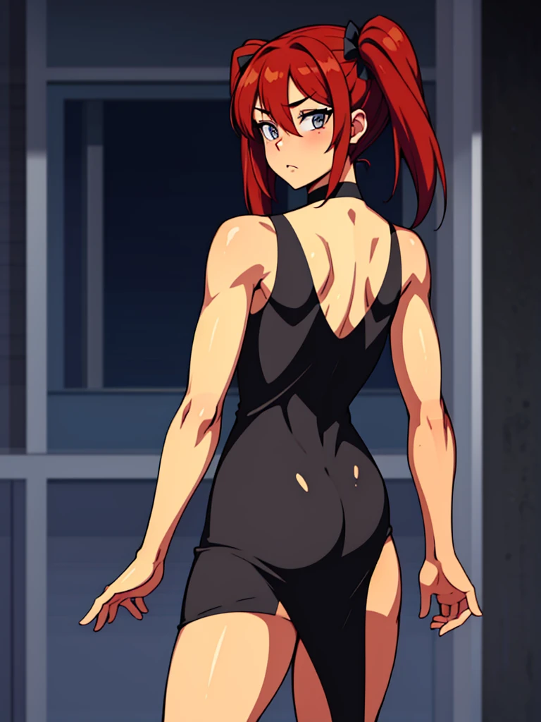 Twintail, red haired, 1girl, grey eyes, well toned, well built, muscled, toned muscles, formal attire