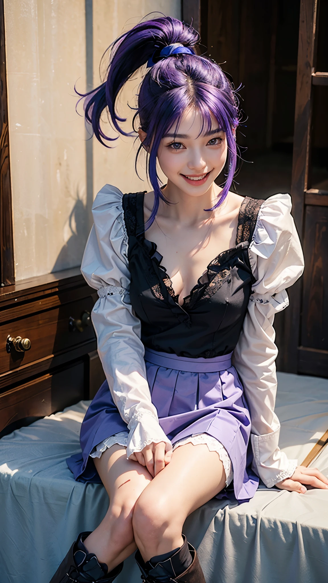 highest quality, masterpiece, Ultra-high resolution, (Realistic:1.4), (Portraiture) RAW Photos, 1 girl,22 years old((Detailed face)),(((座ったPortraiture)),Red bra,((Smiling with teeth showing)),((Big smile)),((Black boots and black lace gloves)),((Black long sleeves with ruffle lace)),(((White blouse under dress))),((Black Long Skirt)),((Ponytail blue-purple hair)),((Cap Chestnut)),((Short bangs)),Realistic,Image Media Chest)),