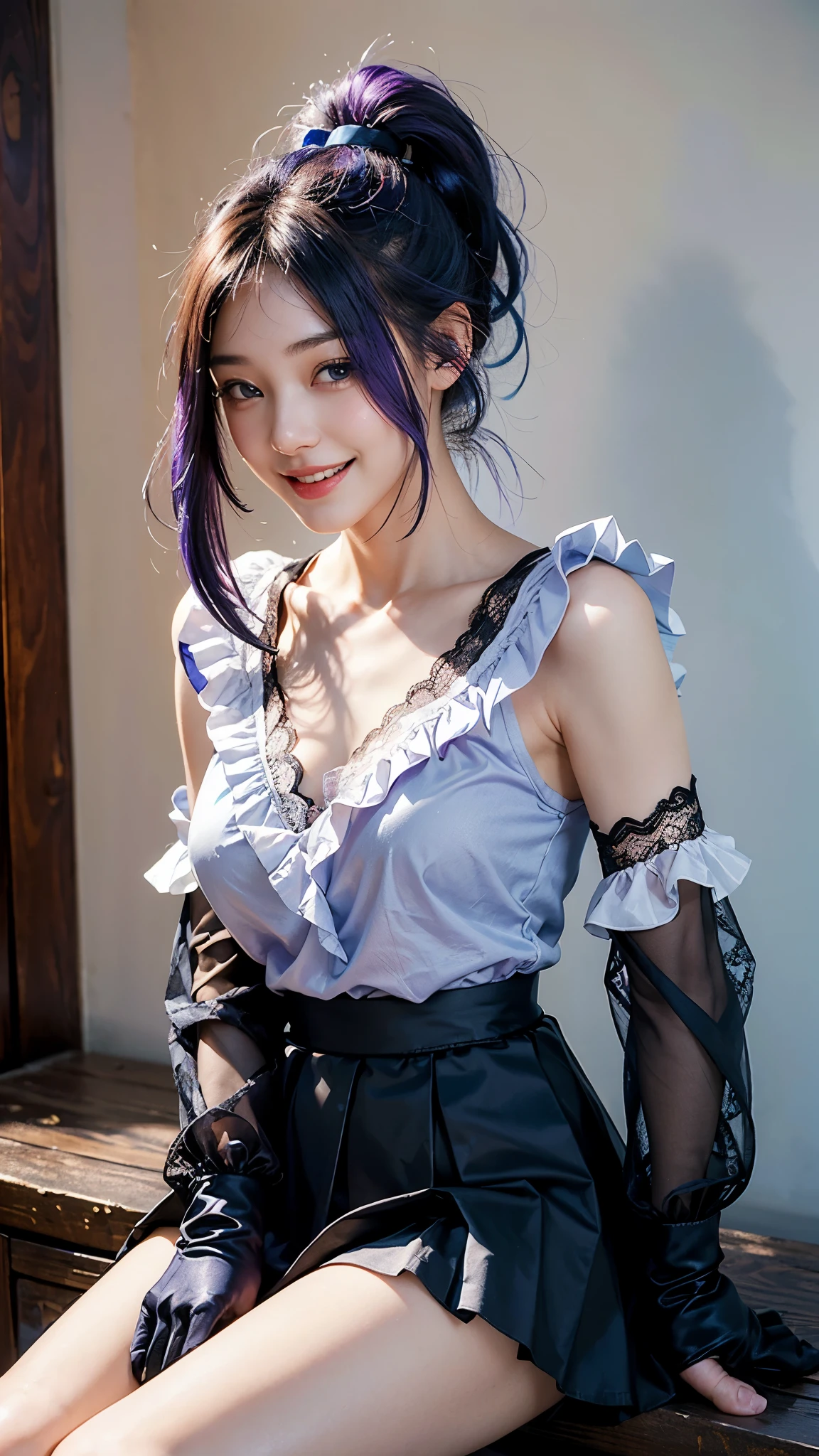 highest quality, masterpiece, Ultra-high resolution, (Realistic:1.4), (Portraiture) RAW Photos, 1 girl,22 years old((Detailed face)),(((座ったPortraiture)),Red bra,((Smiling with teeth showing)),((Big smile)),((Black boots and black lace gloves)),((Black long sleeves with ruffle lace)),(((White blouse under dress))),((Black Long Skirt)),((Ponytail blue-purple hair)),((Cap Chestnut)),((Short bangs)),Realistic,Image Media Chest)),