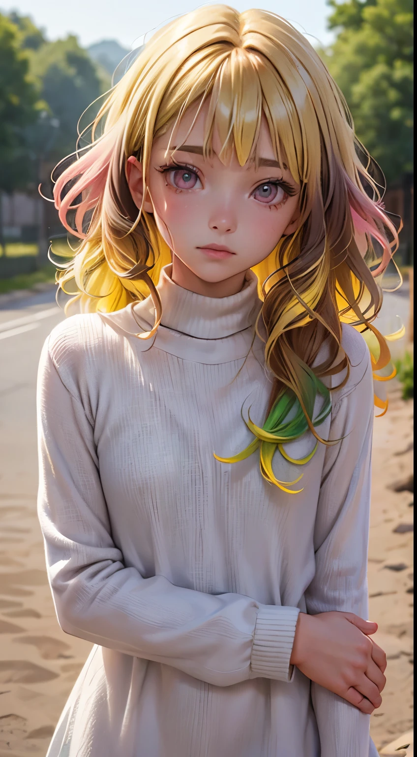 One woman, alone, alone Focus, Cowboy Shot, Portraiture,, Beaver,Half water color, Half Green, ((Brown Hair)), (Yellow Hair), (Gradient Hair :1.5), Curly Hair, ((Pink Eyes)), Ultra-detailed eyes, work, White knit, (Small TI quality, Very detailed,