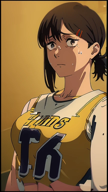 a close up of a person wearing a basketball uniform, a picture, inspired by Kentaro Miura, trending on pixiv, wearing yellow nba jersey, yellow croptop nba jersey, wearing a low cut croptop, wearing croptop, croptop, the word "Lakers" on the croptop, golden raito, (winking), shirobako, large)}], favorite scene, fine details. anime. skins, sweating, big breasts, both hands raised, armpits, armpits visible, dripping with sweat, more more sweat, sweaty armpits