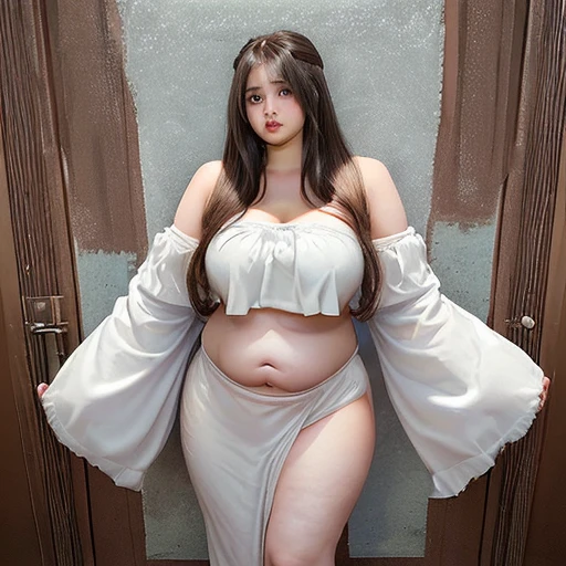 1 girl, Slightly obese body, Big Size, Round face, Double chin, Overweight, Shoulder-length fluffy hair , belly button,Clothing is jersey、 Full body photography , Beauty