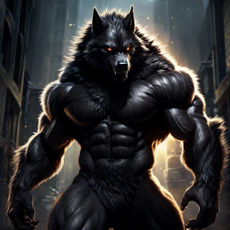 Make super muscular black fur werewolf monster with attractive pose