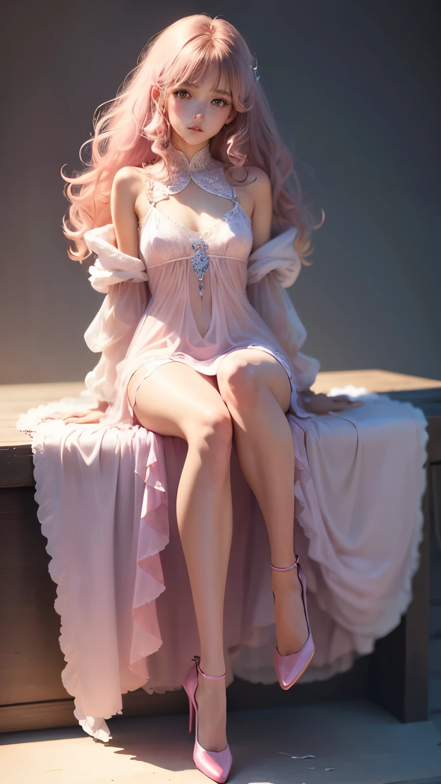 (Pieces fly),(highest quality:1.1),(Very detailed),Best illustrations,The finer details,(Portraits:1.1),(Watercolor)fluffy,1 female,alone,s old,Small breasts,Thin thigh,slim,(Very delicate and beautiful face),(Beautiful eyes in every detail),Pink thick lips,(Messy Hair),Soft and lazy,(Simple Background:1.2)Overall background color,Transparent parts,In 4K,Full Shot,Thin legs,Pink High Heels,See-through gown,The happi coat is open