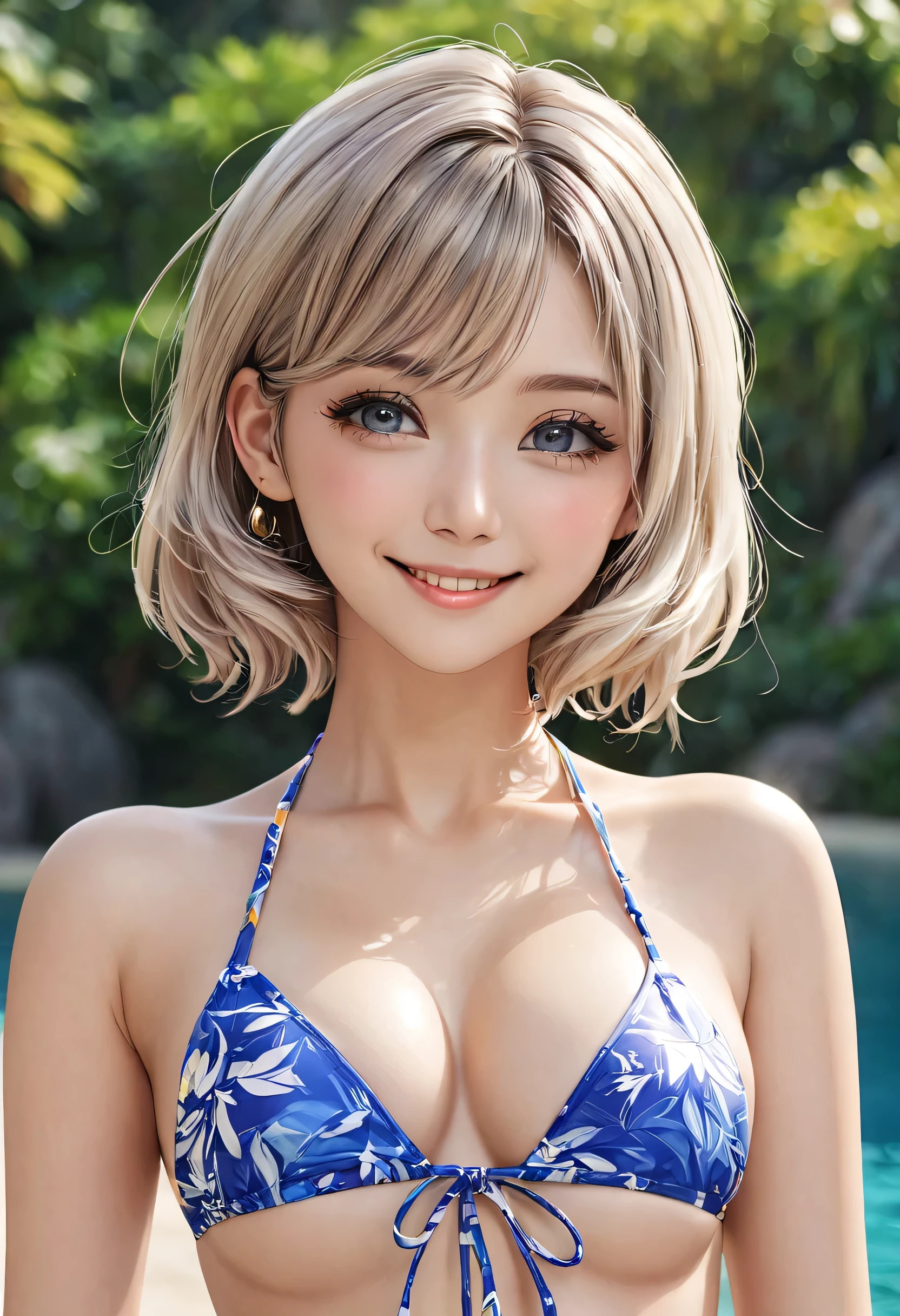 Wear a fashionable bikini, Random hairstyle, girl, Clear eyes、smile、Perfect proportions, highest quality, masterpiece, Realistic, Photorealistic Super Detail, Perfect Face,(Full Body Shot)
