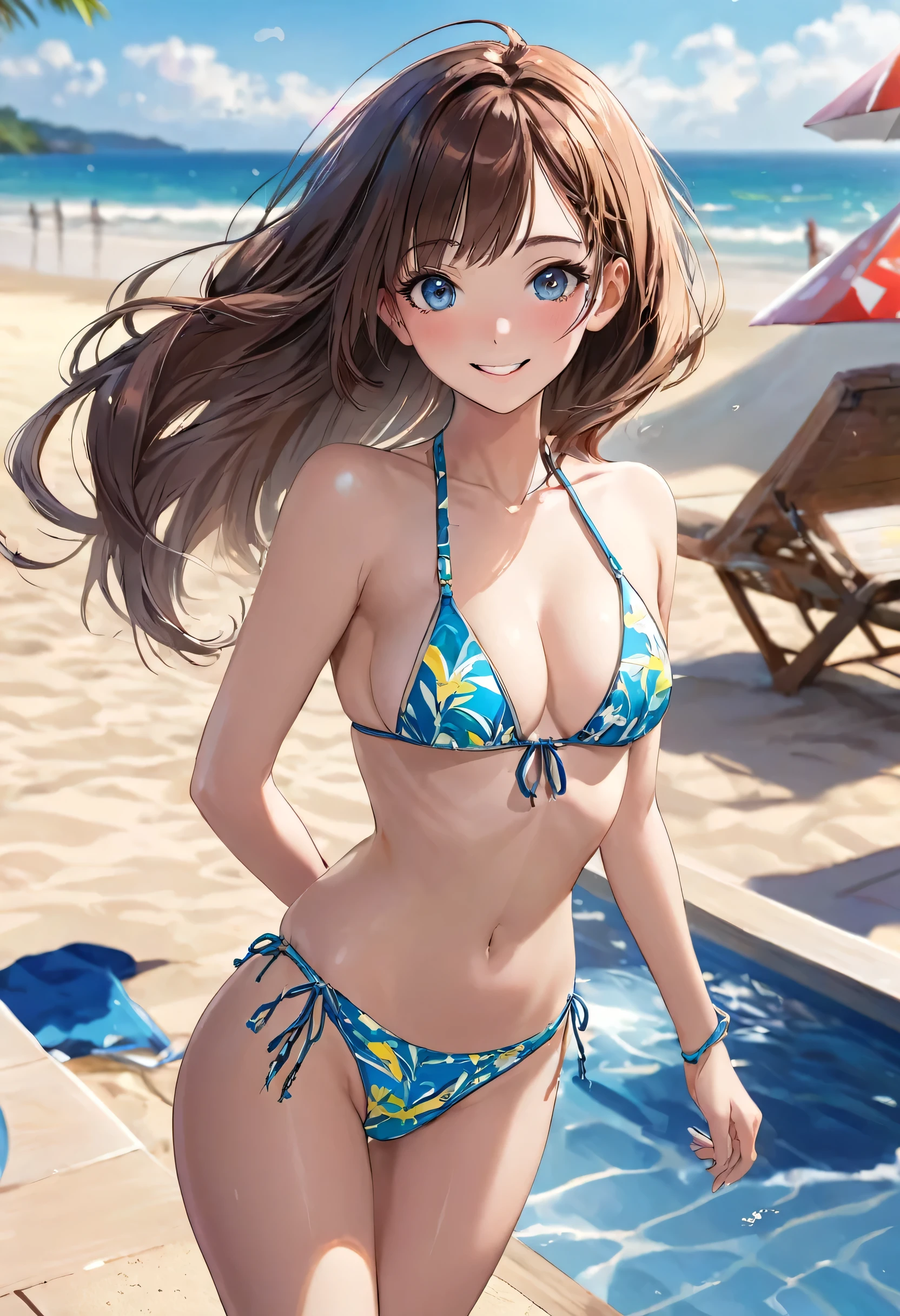 Wear a fashionable bikini, Random hairstyle, girl, Clear eyes、smile、Perfect proportions, highest quality, masterpiece, Realistic, Photorealistic Super Detail, Perfect Face,(Full Body Shot)