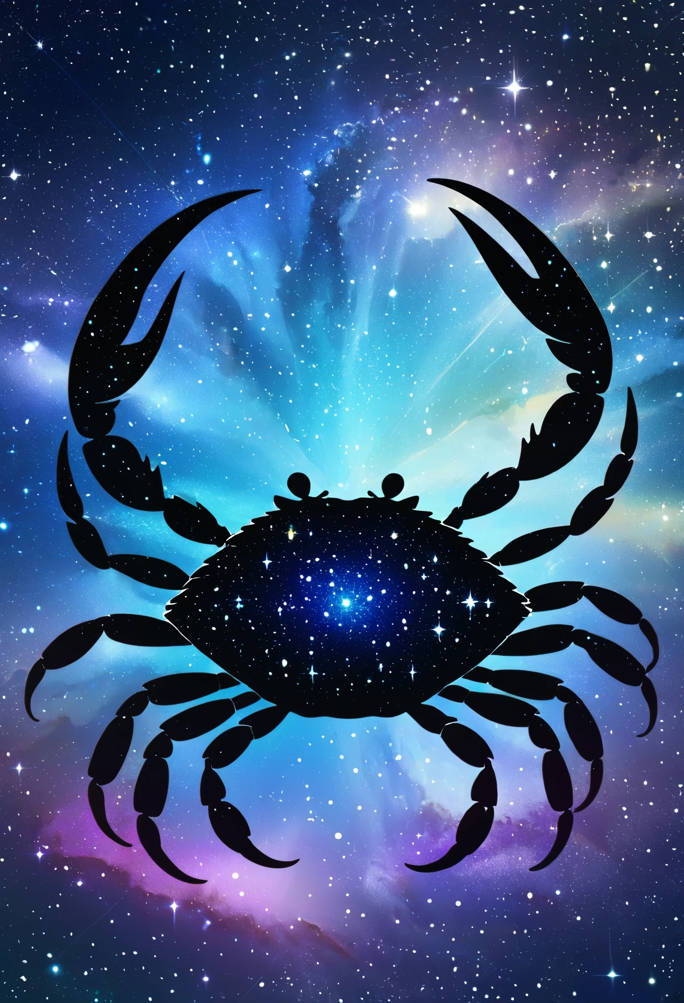 a crab stylized zodiacal symbol ((silhouette)) formed by bright stars. Cosmic background