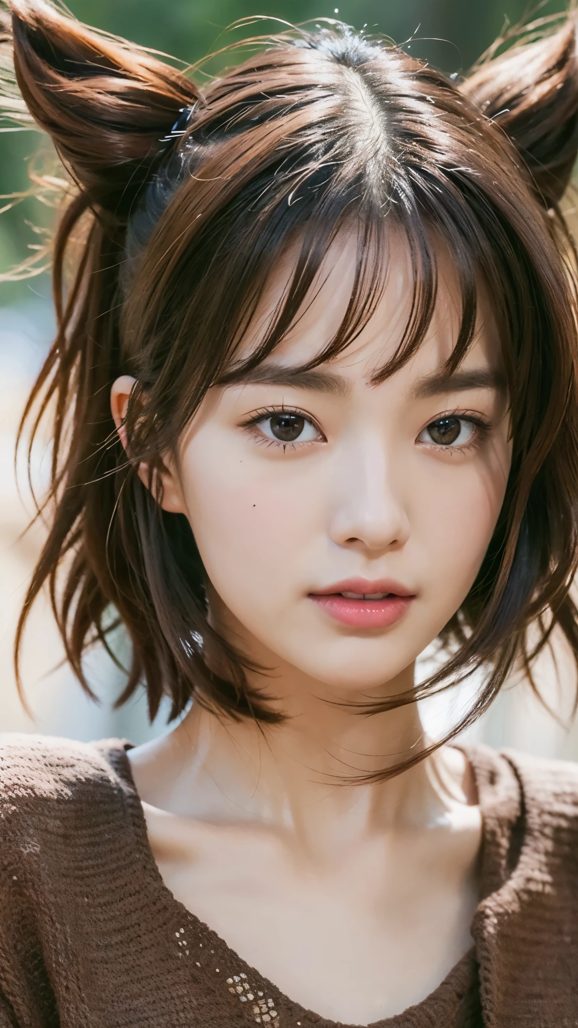 highest quality, masterpiece, Ultra-high resolution, (Realistic:1.4),((Thin face:1.2)), (Close-up portrait) RAW Photos, 1 girl,20-year-old,((I'Wink)),((Asian Fashion)),Messy Hair,((Dark Chestnut Hair)),((Short bangs)),((Smiling with teeth showing)),