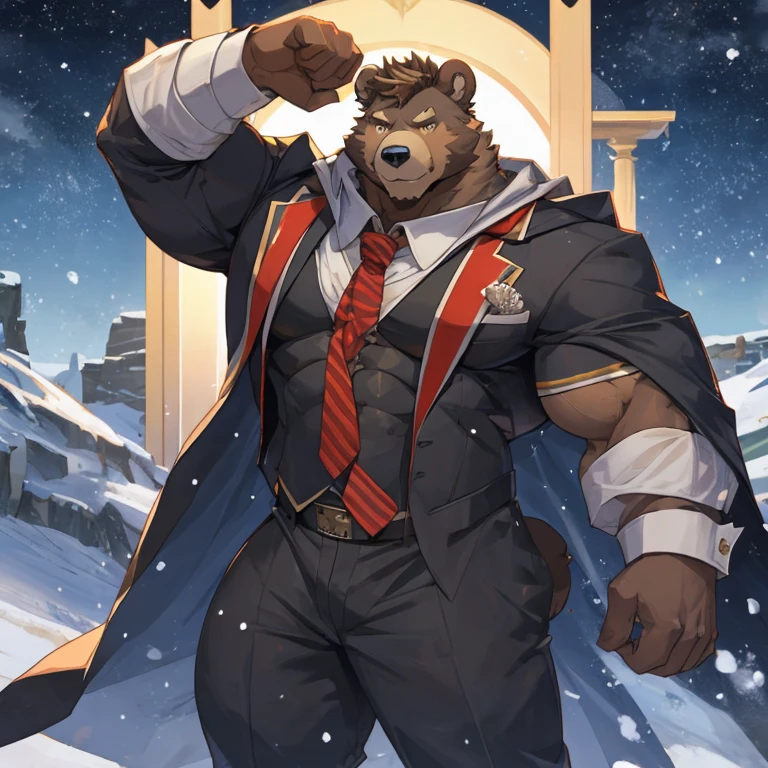 ((best quality)), ((masterpiece)), (detailed), perfect face, bara furry, bear man, big body, black skin, short quiff brown hair, yellow eyes, perfect eyes, handsome, at , tie, bear, elegant, handsome, big pecs, muscular, muscles remarked in the fabric of the suit, flexing, smiling, big body, cloak, winter